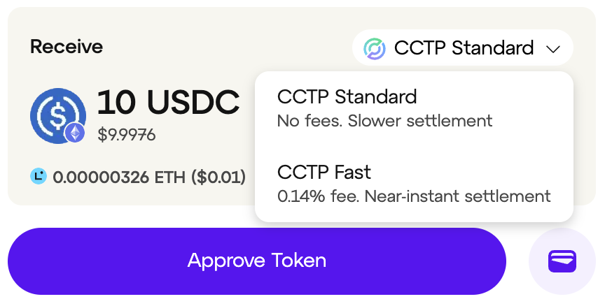 Toggle the CCTP transfer type